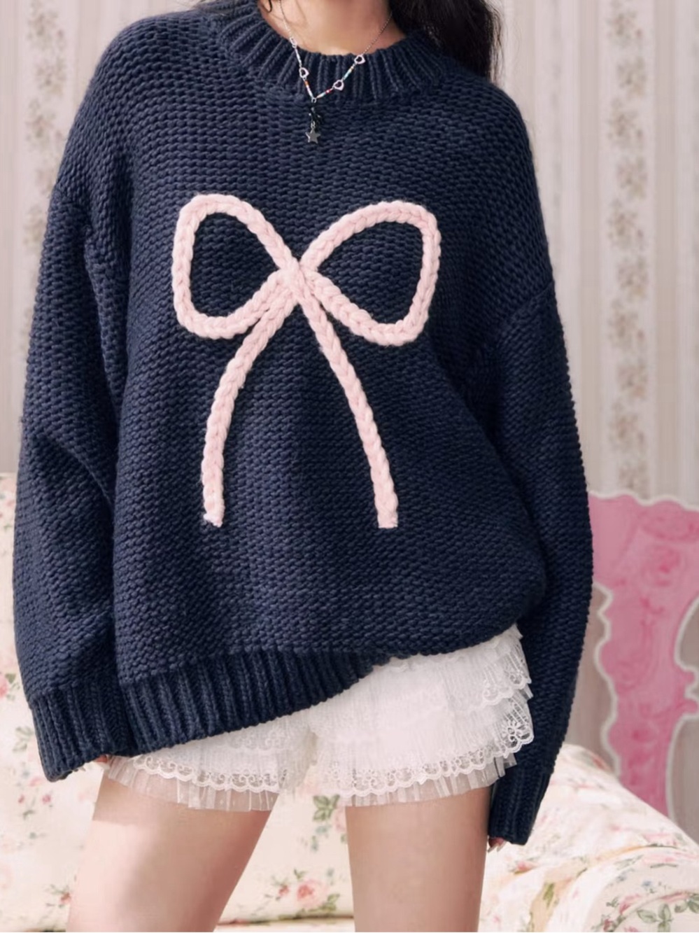 Cider
Knit Crochet Women’s Bow Applique Oversized Pullover Sweater Navy Blue XS